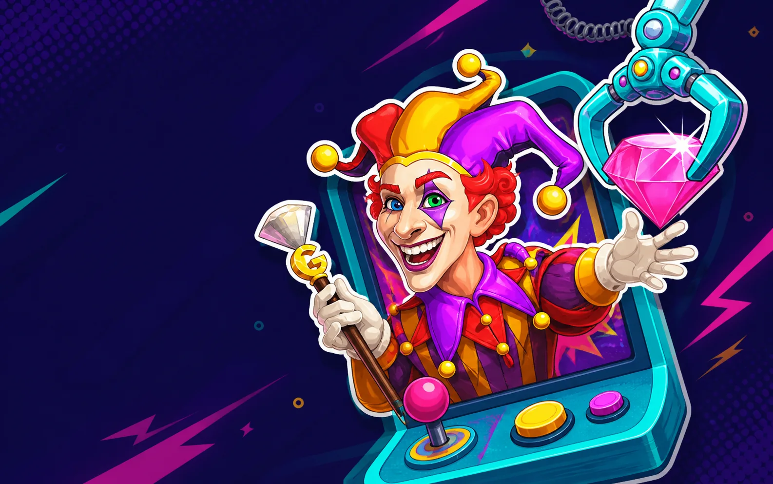 Joker junto a una máquina portátil, una garra y un diamante